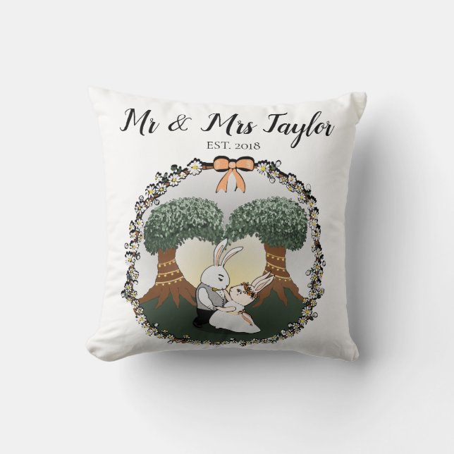 Whimsical Mr & Mrs Dancing Bunny Rabbit Wedding Cushion (Front)