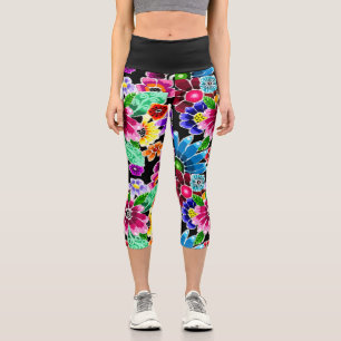 Whimsical Multi-Colour Folk-Art Flowers Floral Pin Capri Leggings