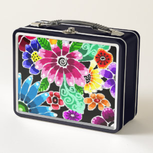 Whimsical Multi-Colour Folk-Art Flowers Floral Pin Metal Lunch Box
