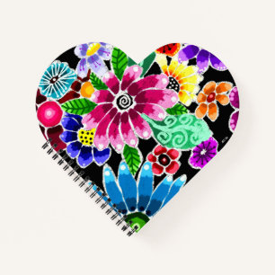 Whimsical Multi-Colour Folk-Art Flowers Floral Pin Notebook
