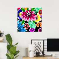 Whimsical Multi-Colour Folk-Art Flowers Floral Pin