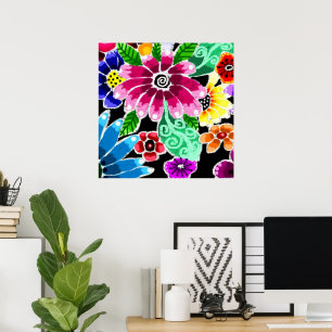 Whimsical Multi-Colour Folk-Art Flowers Floral Pin Poster