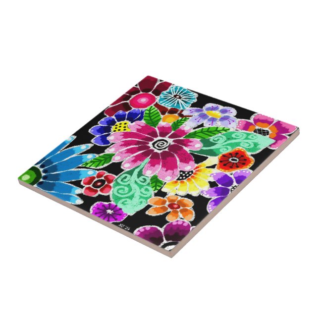 Whimsical Multi-Colour Folk-Art Flowers Floral Pin Tile (Side)
