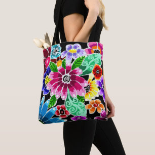 Whimsical Multi-Colour Folk-Art Flowers Floral Pin Tote Bag