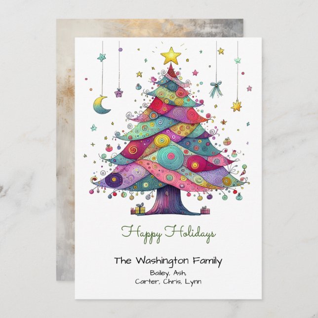 Whimsical Multicolor Christmas Tree Happy  Holiday Card (Front/Back)