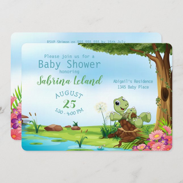 Whimsical Mum and Baby Turtle Animal Baby Shower Invitation (Front/Back)
