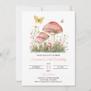 Whimsical Mushroom 5th Birthday Party Invitation