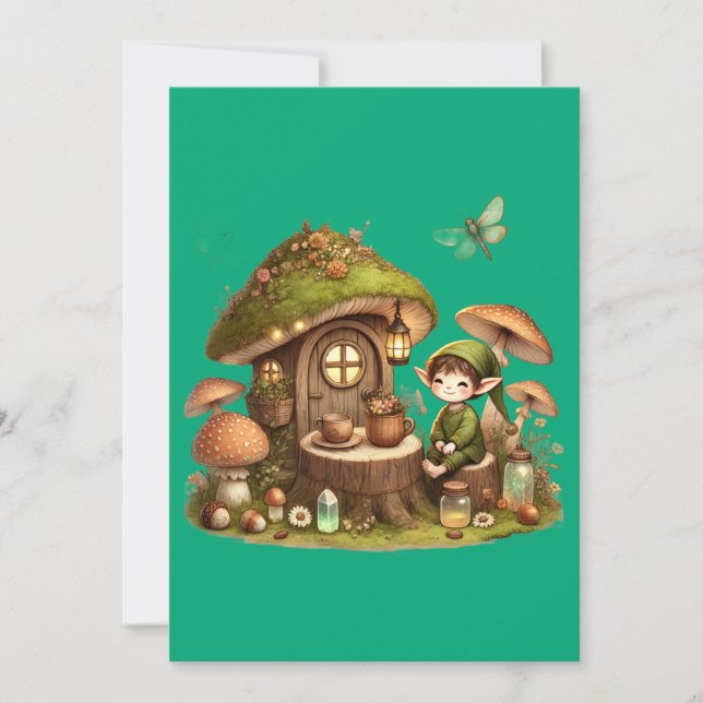 "Whimsical Mushroom Cottage Greeting Card (Front)
