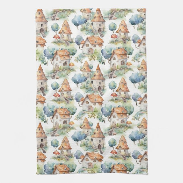 Whimsical Mushroom Cottage Pattern (11) Tea Towel (Vertical)