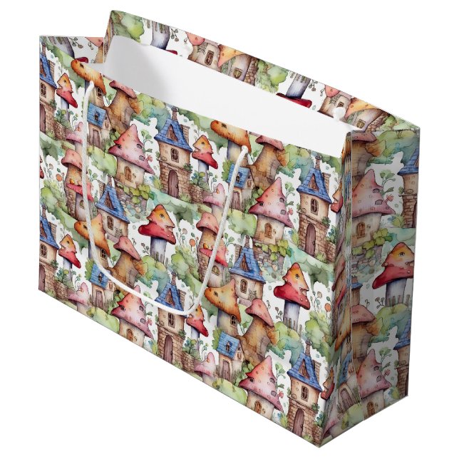 Whimsical Mushroom Cottage Pattern (1) Large Gift Bag (Front Angled)