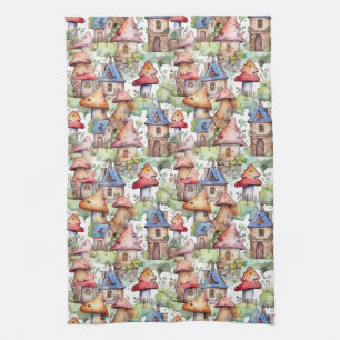 Whimsical Mushroom Cottage Pattern (1) Tea Towel