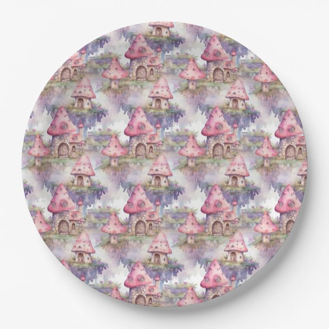 Whimsical Mushroom Cottage Pattern (4) Paper Plate (Front)