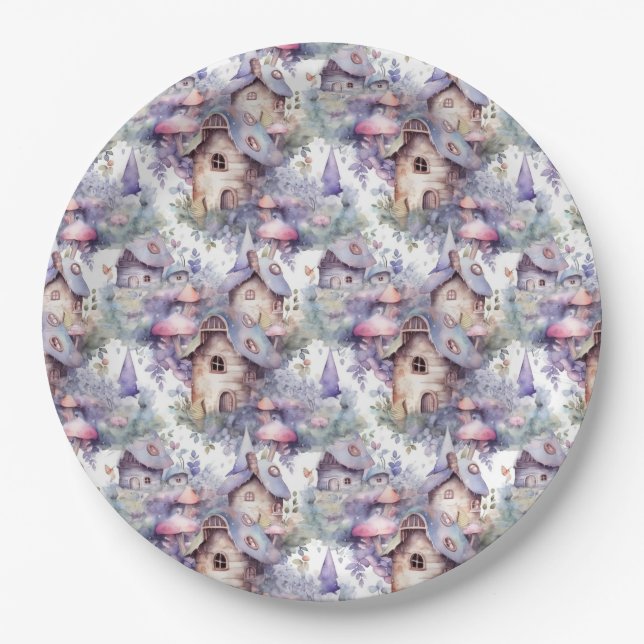 Whimsical Mushroom Cottage Pattern (5) Paper Plate (Front)