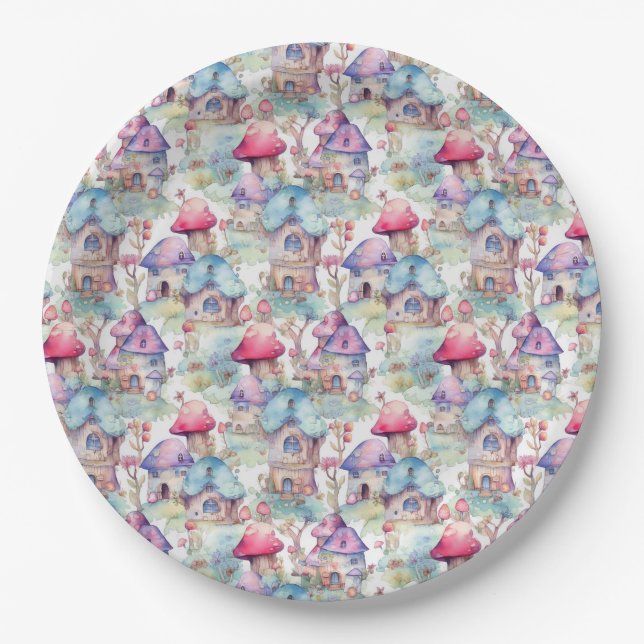 Whimsical Mushroom Cottage Pattern (6) Paper Plate (Front)