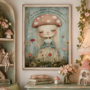 Whimsical Mushroom Fairy in a Flower Meadow Art Poster