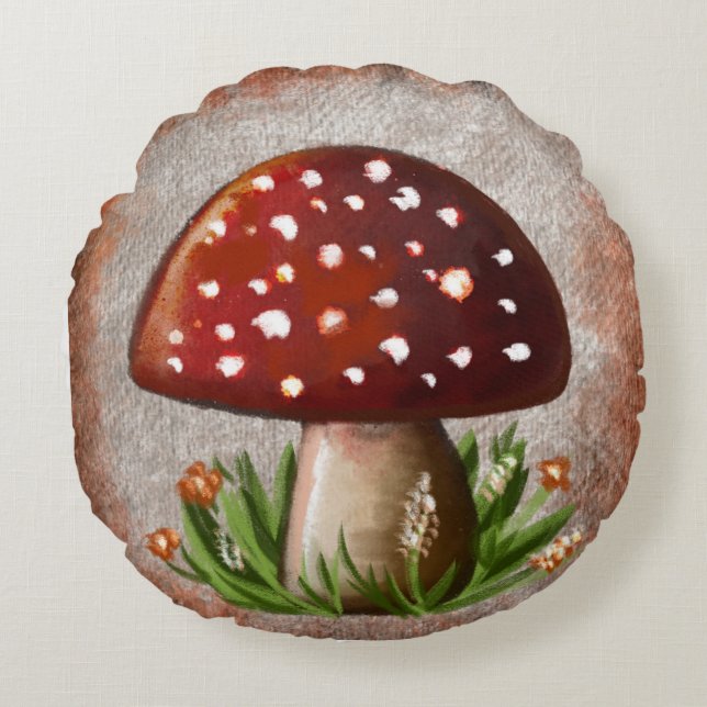Whimsical Mushroom & Fungi Motif – Nature-Inspired Round Cushion (Front)