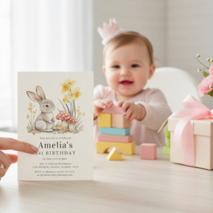 Whimsical Mushroom Garden Bunny First Birthday  Invitation