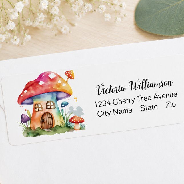 Whimsical Mushroom House Cute Watercolor Custom (Add name & address details to customize)