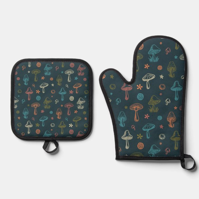 Whimsical Mushroom pattern Oven Mitt & Pot Holder Set (Front)