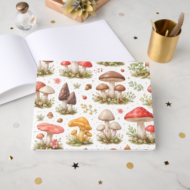 Whimsical Mushroom Pattern – Vintage Botanical  Guest Book (Front Open)