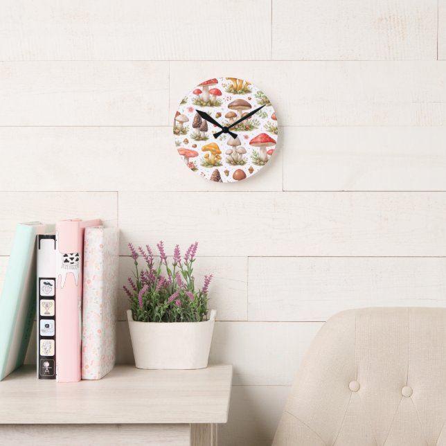 Whimsical Mushroom Pattern – Vintage Botanical  Round Clock (Reading Room)