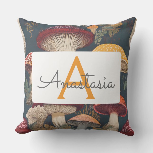 Whimsical Mushroom Pattern with Name & Monogram Cushion (Front)
