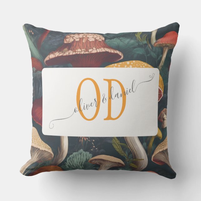 Whimsical Mushroom Pattern with Names & Monogram Cushion (Front)