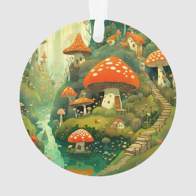 Whimsical Mushroom Village Ornament by Quindolyn (Back)