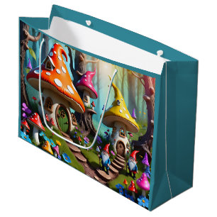 Whimsical Mushroom Village with Gnomes in Enchante Large Gift Bag