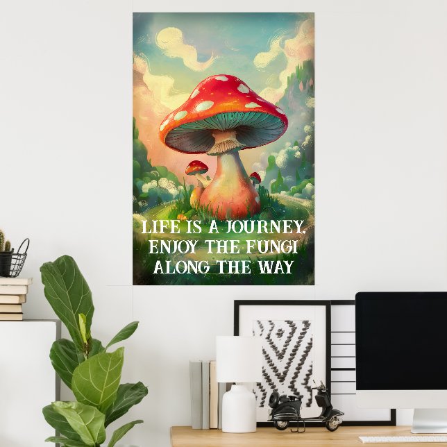 Whimsical mushroom with dreamlike landscape  poster (Home Office)