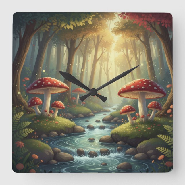 Whimsical Mushrooms and brook Square Wall Clock (Front)