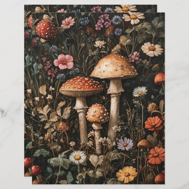 Whimsical Mushrooms and Wildflower Scrapbook Paper (Front/Back)
