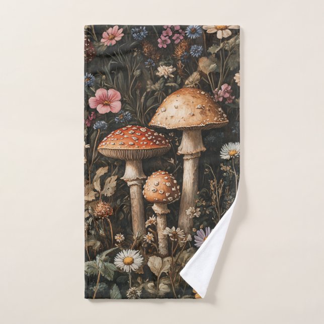 Whimsical Mushrooms and Wildflowers Botanical Hand Towel (Hand Towel)