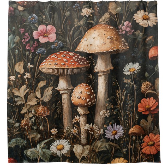 Whimsical Mushrooms and Wildflowers Botanical Shower Curtain (Front)