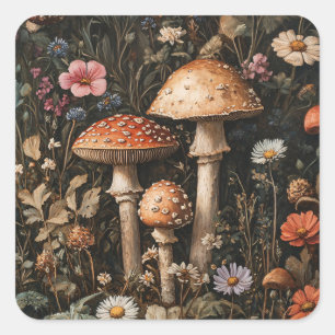 Whimsical Mushrooms and Wildflowers Botanical Square Sticker