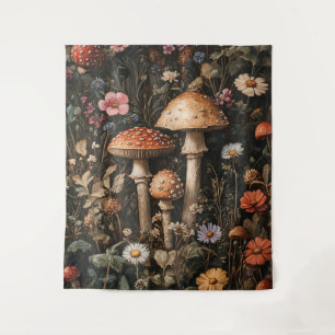 Whimsical Mushrooms and Wildflowers Botanical Tapestry