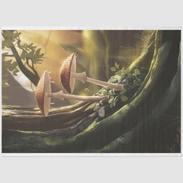 Whimsical Mushrooms on a Tree Decoupage Tissue Paper (Front)