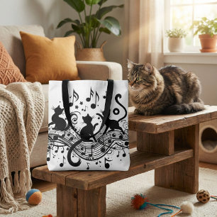 Whimsical Musical Cats Silhouette Tote Bag