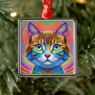 Whimsical Mystical Colourful Cat Metal Tree Decoration
