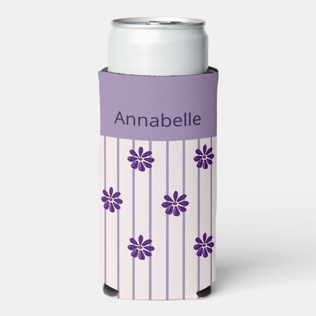 Whimsical Name Violet Stripes and Purple Flowers Seltzer Can Cooler (Seltzer Front)