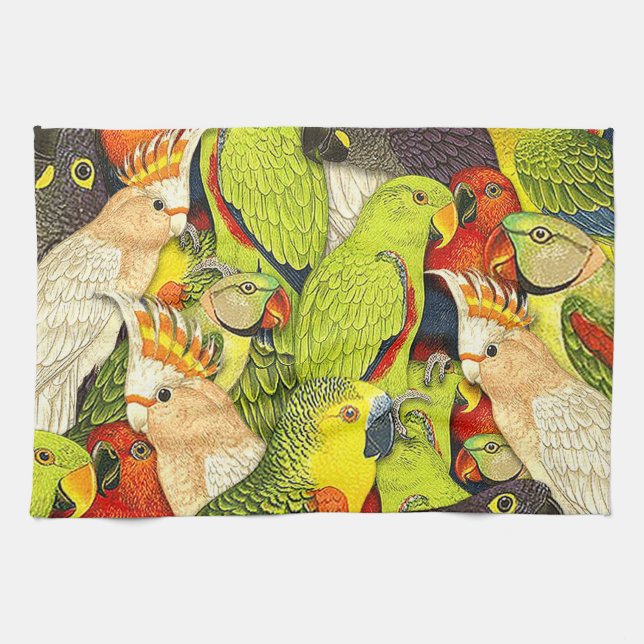 Whimsical Nature Green Parrots Birds Pattern Tea Towel (Horizontal)