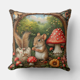 Whimsical Nature Scene With Mouse, Mushrooms Cushion