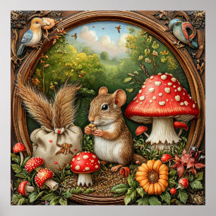 Whimsical Nature Scene With Mouse, Mushrooms Poster