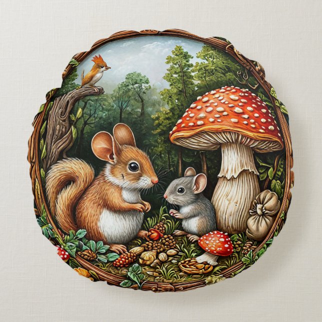 Whimsical Nature Scene With squirrel Round Cushion (Front)
