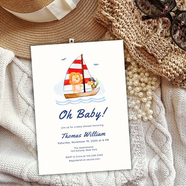 Whimsical Nautical Wild Lion Sailboat Baby Shower Invitation (Whimsical Nautical Wild Lion Sailboat Baby Shower Invitation)