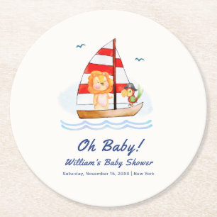 Whimsical Nautical Wild Lion Sailboat Baby Shower  Round Paper Coaster