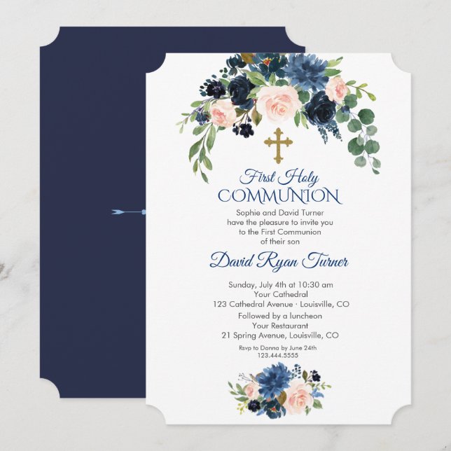 Whimsical Navy Blue Blush Flowers First Communion Invitation (Front/Back)
