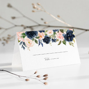 Whimsical Navy Blue & Blush Pink Floral Wedding Place Card