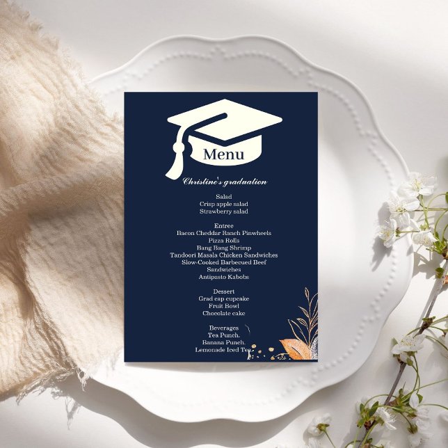 Whimsical  Navy blue Graduation party dinner menu  (Creator Uploaded)