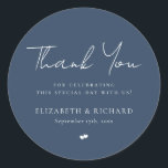 Whimsical Navy Blue Script Thank You Wedding Classic Round Sticker<br><div class="desc">Modern and elegant design printed Whimsical Navy Blue Script Thank You Wedding Classic Round Sticker that can be customised with your text. Please click the "Customise it" button and use our design tool to modify this template. Check out the Graphic Art Design store for other products that match this design!...</div>